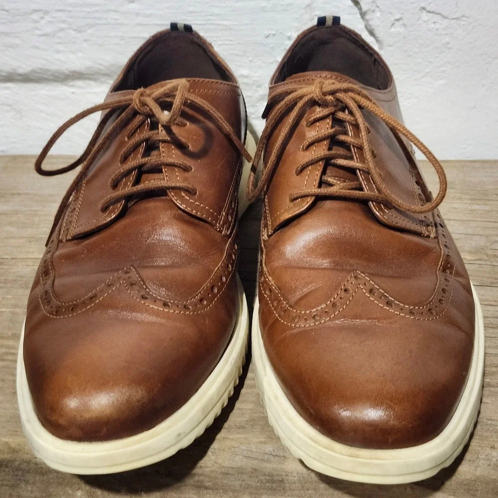 Cole Haan Mens Grand Plus Brown Leather Wingtip Oxford Shoes Brogue Size 11.5